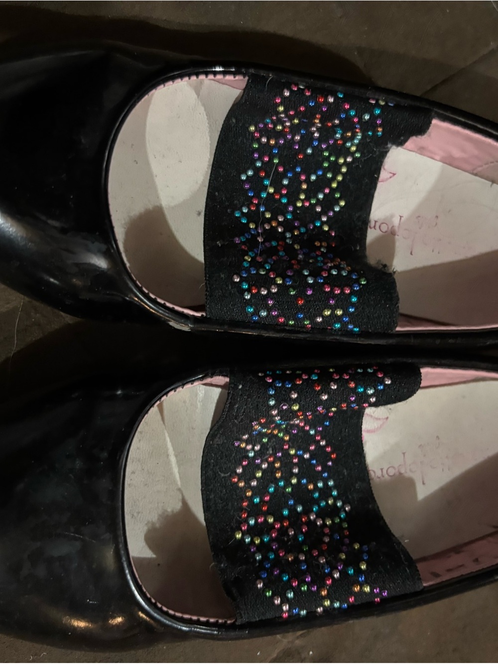 Girls' Black Patent Mary Janes with Thick Multicolor Rhinestone Strap